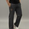 Men wearing black straight fit track pants with elastic waist and pockets