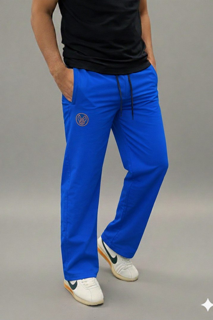 Men wearing navy blue straight fit track pants with side pockets