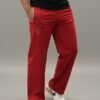Men wearing red straight fit track pants with elastic waistband and side pockets