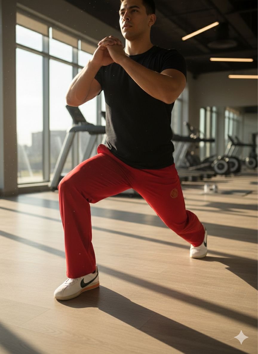 Close-up of high-quality cotton fleece fabric and reinforced stitching on Srathi men's lowers.