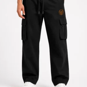 Men’s black cargo track pants front view with slim fit design
