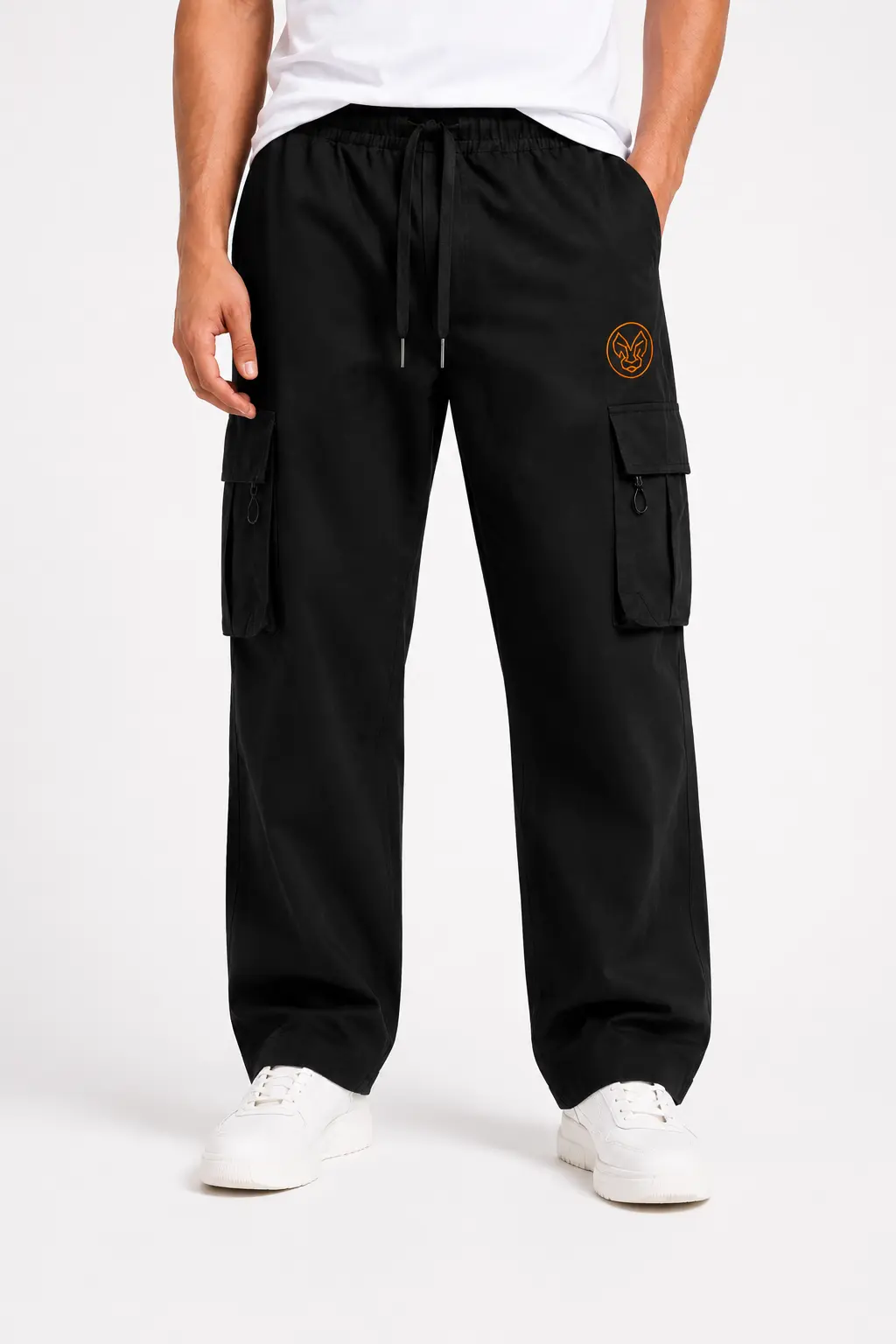 Men’s black cargo track pants front view with slim fit design